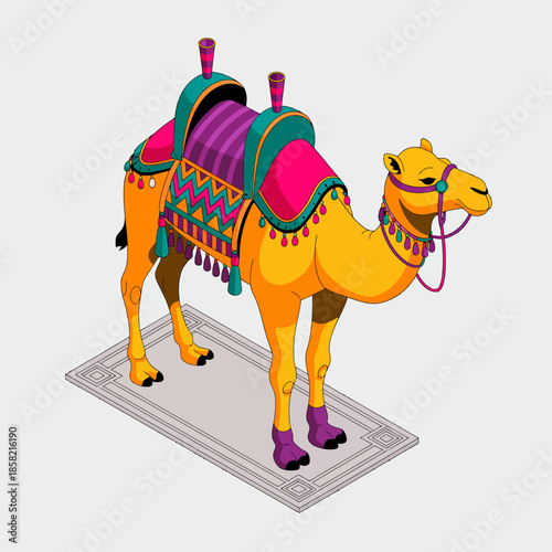 This stylized image showcases a vividly decorated camel with intricate patterns, representing cultural symbolism, vibrant colors, and artistic flair in a unique manner.