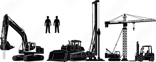 Construction machinery silhouettes set featuring excavator, bulldozer, tower crane, forklift, drilling rig, and workers, heavy equipment industrial site vector illustration for engineering projects.