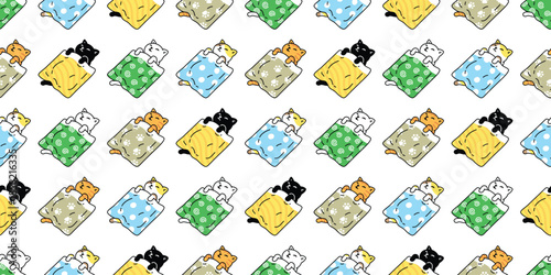 cat seamless pattern kitten sleeping blanket vector calico paw footprint doodle cartoon japan polka dot striped tile background gift wrapping paper pet animal illustration repeat wallpaper scarf isola