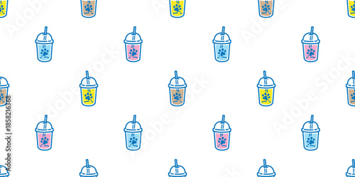 coffee cup seamless pattern footprint dog paw boba milk tea juice cartoon doodle pet cat puppy vector cafe water drink tile background gift wrapping paper repeat wallpaper scarf isolated illustration 