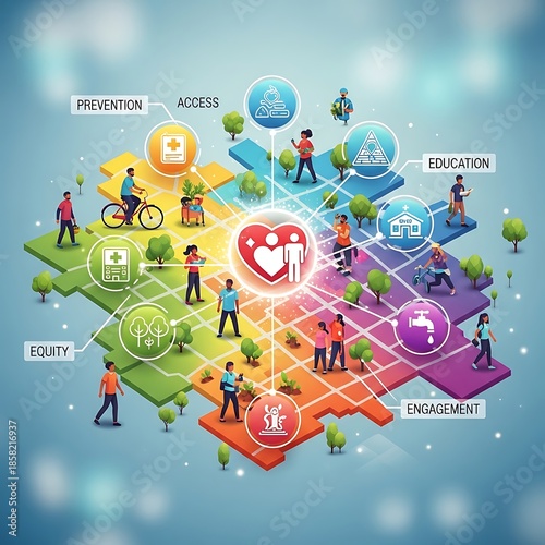 Colorful Illustration of Community Health and Wellness Concepts.