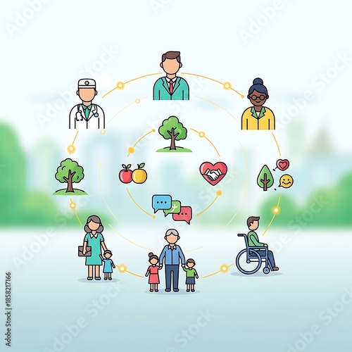 Community Health and Wellbeing Illustration with Interconnected Elements.