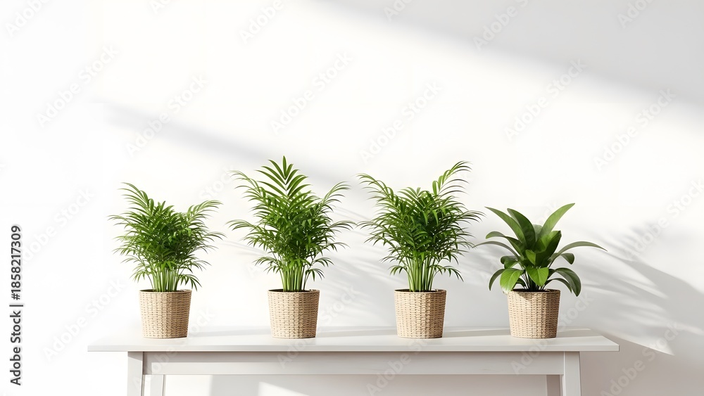 Fototapeta premium Four Potted Parlour Palm Houseplants in Minimalist Pots on White Shelf Against Clean Background