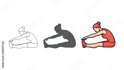 Seated forward bend pose illustration set outline, silhouette, and color drawing of a woman stretching hamstrings and back