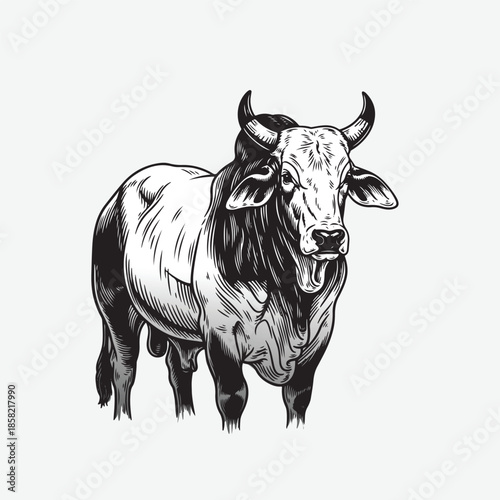  a detailed black and white illustration of a bull with aggressive expression isolated on white background