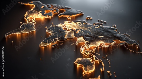 Illuminated global map highlighting urban areas with a gold glow against a dark background