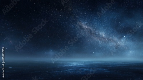 Dark blue night sky with stars and moonlight over desert horizon. Distant stars and starlit light in dark navy space landscape.