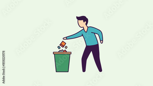 man throwing trash in bin clean environment flat vector illustration ui