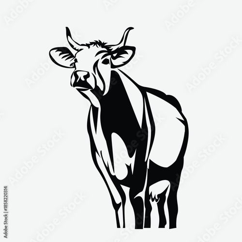  a black and white illustration of a cow standing and looking left