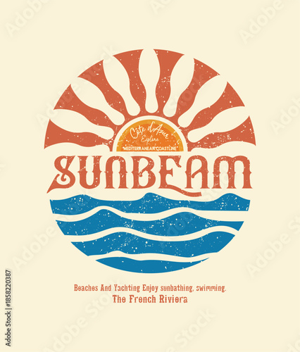 Картината върху платно Vintage retro Sunbeam French Riviera Graphic Retro Beach and  Ocean  vector illu