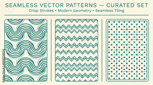 A curated set of three seamless vector patterns featuring crisp strokes, modern geometry, and seamless tiling, including wavy, zigzag, and dotted grid designs.