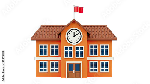 School Building with Clock and Flag on White Background