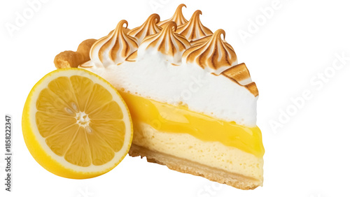 Slice of lemon meringue pie with lemon half isolated PNG, delicious dessert on transparent background for bakery and cafe menus