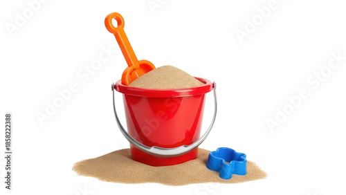 Foto Red beach bucket with sand and orange shovel isolated PNG, summer vacation toys