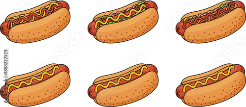 Hot Dog Vector Set with Different Toppings Isolated on White Background for Fast Food Illustration Design
