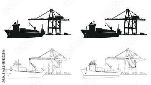 Silhouette of cargo ships and port cranes in a monochrome design