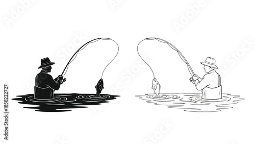 Two fishermen casting lines into the water depicted in a contrasting style