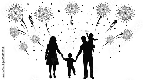 Family silhouette enjoying fireworks display with sparkling bursts and joyful celebration
