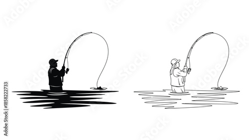 Two fishermen silhouetted against the water casting lines for a peaceful pastime