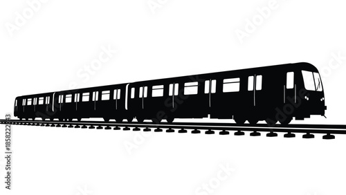 A sleek black silhouette of a modern subway train on the rails