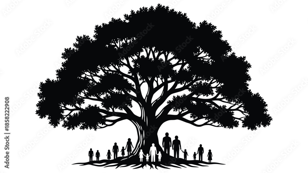 Fototapeta premium A silhouette of a large tree with small figures gathered beneath it