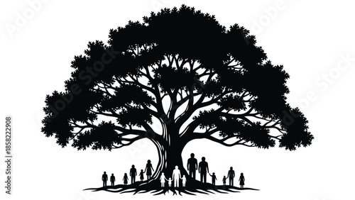 A silhouette of a large tree with small figures gathered beneath it