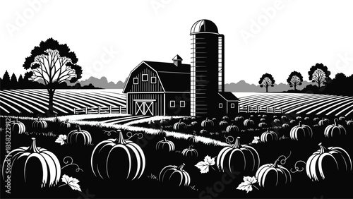 A serene black and white illustration of a farm with pumpkins and barn