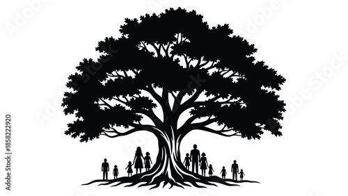 A group of people gathered beneath the sprawling branches of a large tree