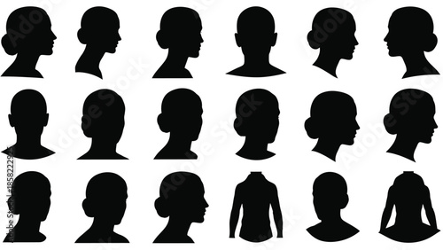 Collection of silhouetted heads in various profiles and hairstyles