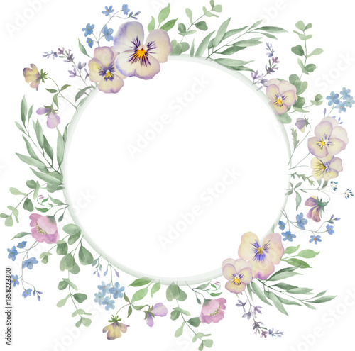 Watercolor round floral frame with delicate viola flowers and soft greenery. Hand-painted botanical wreath. Vector EPS.