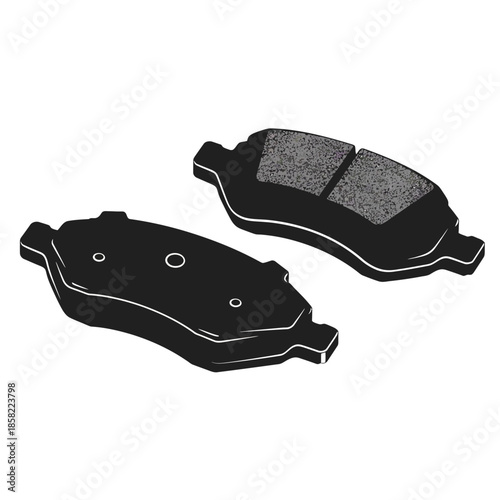 Automotive car brake pads vector illustration in black and white silhouette style for vehicle braking system maintenance and safety service.
