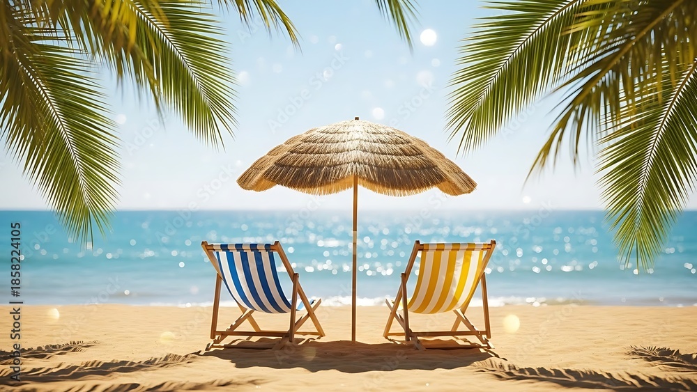Obraz premium A serene tropical beach scene featuring two striped lounge chairs under a thatched umbrella, surrounded by palm trees and a clear blue ocean.