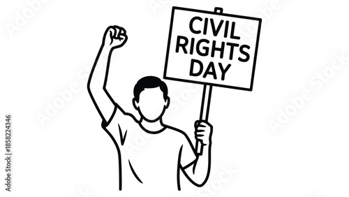   Civil rights day protest illustration with activist holding sign and raised fist symbolizing equality justice freedom and human rights awareness on white background