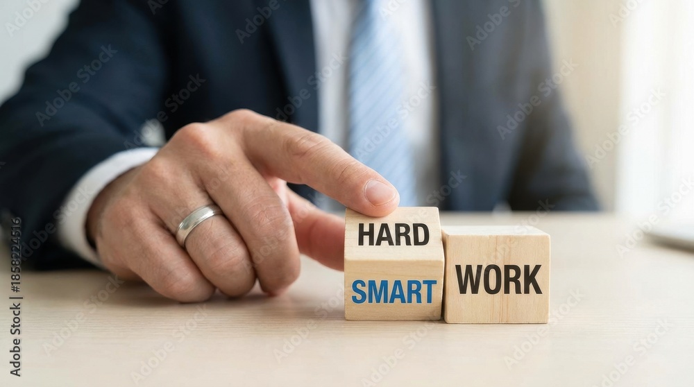 Obraz premium Hand placing wooden blocks with the words from hard to smart work on a table representing a motivational concept