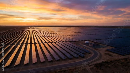 Massive solar farm field during beautiful golden hour sunset