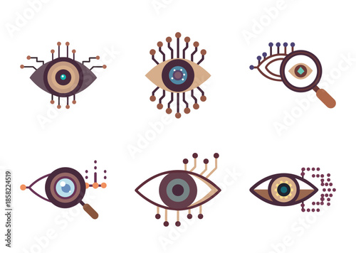 Collection of eyeinspired graphic designs featuring technology and observation themes