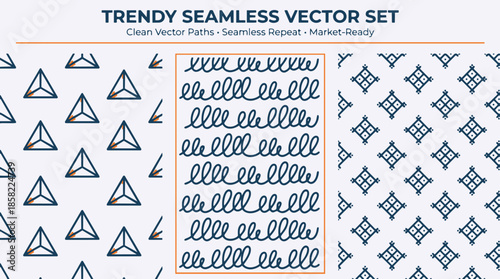 Trendy seamless vector set featuring three distinct patterns: geometric triangles, abstract curly lines, and stylized diamonds, all in a clean, modern design.