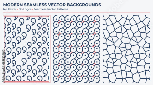 Modern seamless vector backgrounds featuring three distinct geometric patterns: comma-like shapes, interconnected curves with dots, and irregular polygonal tessellations.