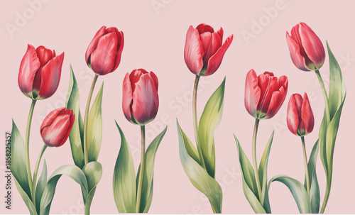 Classic red tulip botanical set painted in soft watercolor style.