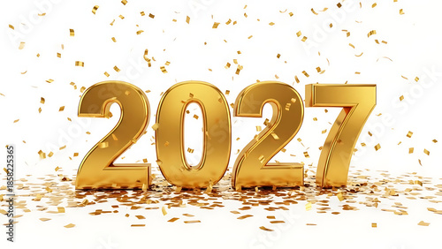2027 New Year Celebration with Gold Numbers and Confetti