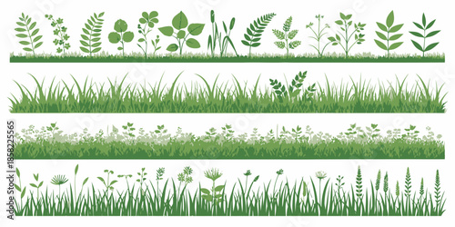 Variety of green grass and plant silhouettes for landscaping