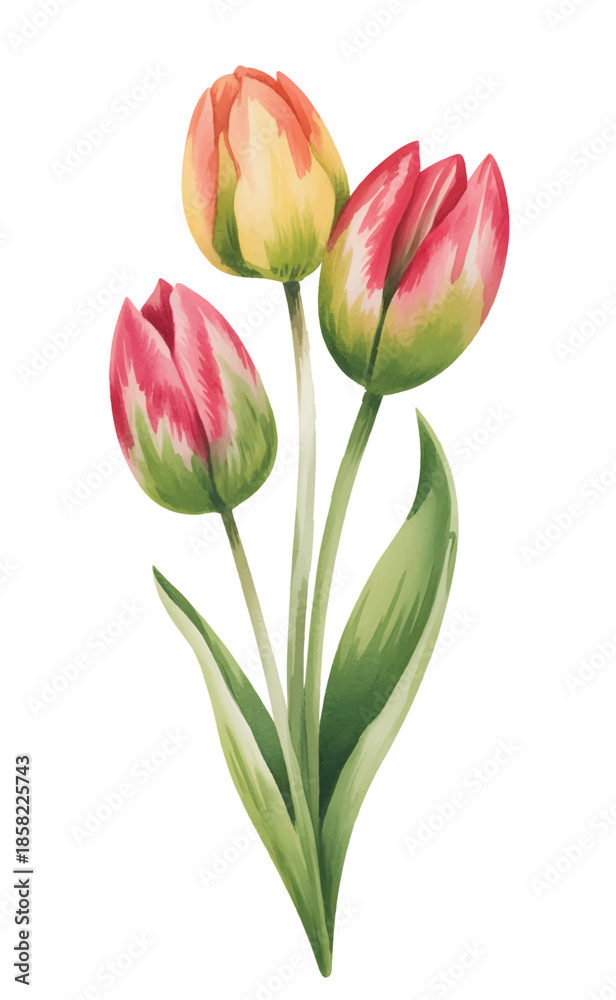 Fototapeta premium Blooming red tulips with long stems in natural watercolor painting.