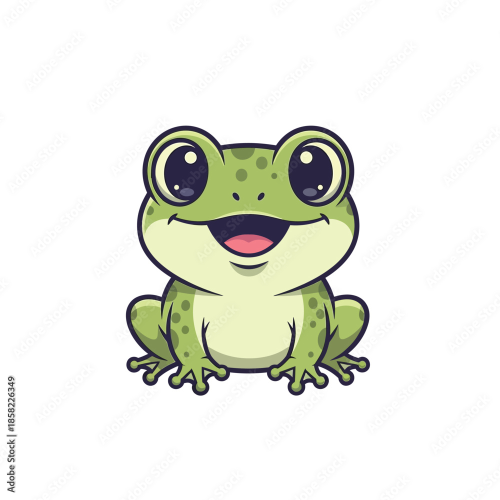 Fototapeta premium Smiling cartoon green frog character sitting.