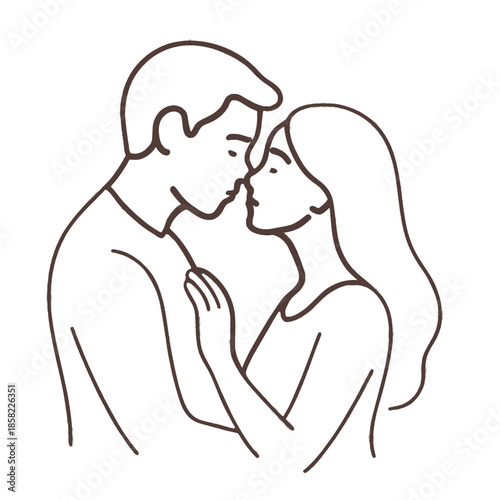 A beautiful minimalist line art illustration of a loving couple sharing an intimate moment isolated on white background