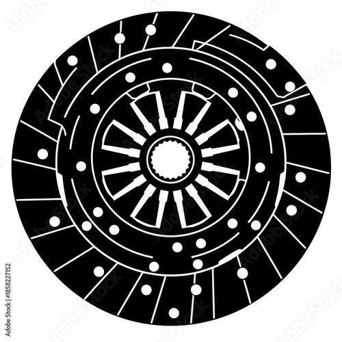 Automotive car clutch lining plate vector illustration in black and white silhouette style for manual transmission system maintenance and repair.