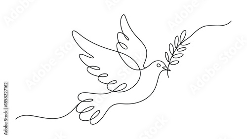  Continuous one line drawing of dove holding olive branch isolated on white background, minimal outline illustration symbolizing peace, freedom, hope and harmony concept