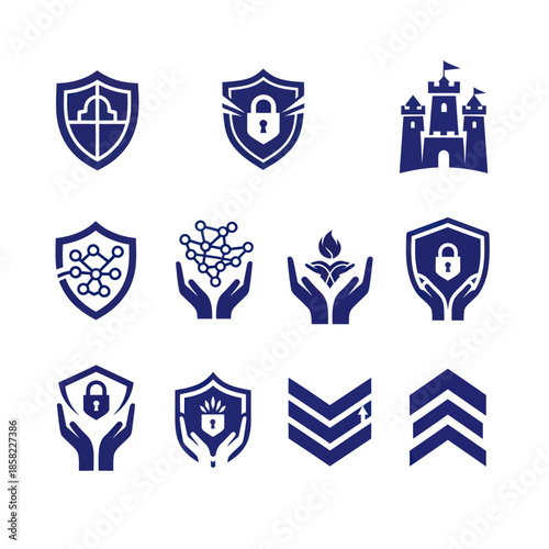Collection of blue security and protection icons on white background.