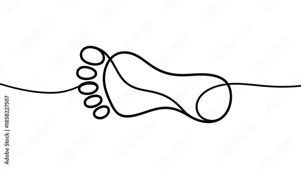 Obraz premium Continuous one line drawing of human foot sole with toes isolated on white background, minimal linear barefoot outline symbol for podiatry, health, anatomy and care concept 