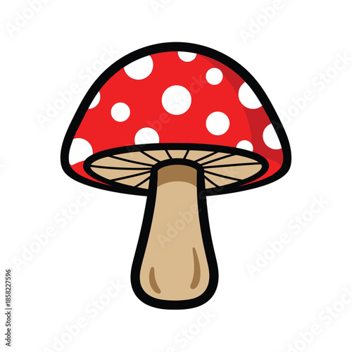 A cartoon red mushroom with white spots.