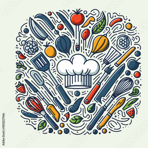 vector illustration, cooking tools and hats, monoline art